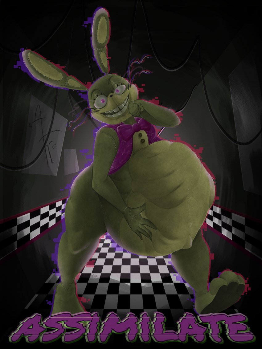 3_toes 5_fingers abdominal_bulge anthro belly big_belly bodily_fluids bow_tie checkered checkered_floor checkered_wall clothing eyebrows eyelashes feet fingers fur glitch green_body green_fur hallway imprint inside looking_at_viewer male male_pred multicolored_body multicolored_fur oral_vore pupils purple_bow_tie purple_clothing purple_pupils purple_text purple_topwear purple_vest saliva saliva_string smile solo stitch_(sewing) teeth text toes topwear two_tone_body two_tone_fur vest vore whiskers wire afraart five_nights_at_freddy's five_nights_at_freddy's:_help_wanted five_nights_at_freddy's:_security_breach scottgames steel_wool_studios glitchtrap lagomorph leporid mammal rabbit 3:4 detailed hi_res shaded signature