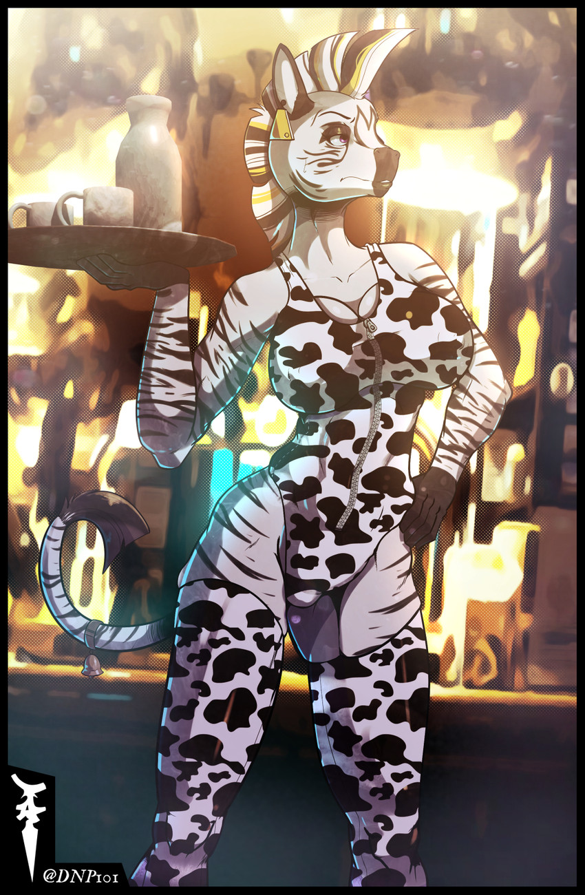 animal_print clothing cow_print ear_piercing female holding_object legwear milk piercing pose serving serving_beverage stockings stripes tail thigh_highs thin_tail uniform waiter dnp101 equid equine mammal zebra hi_res