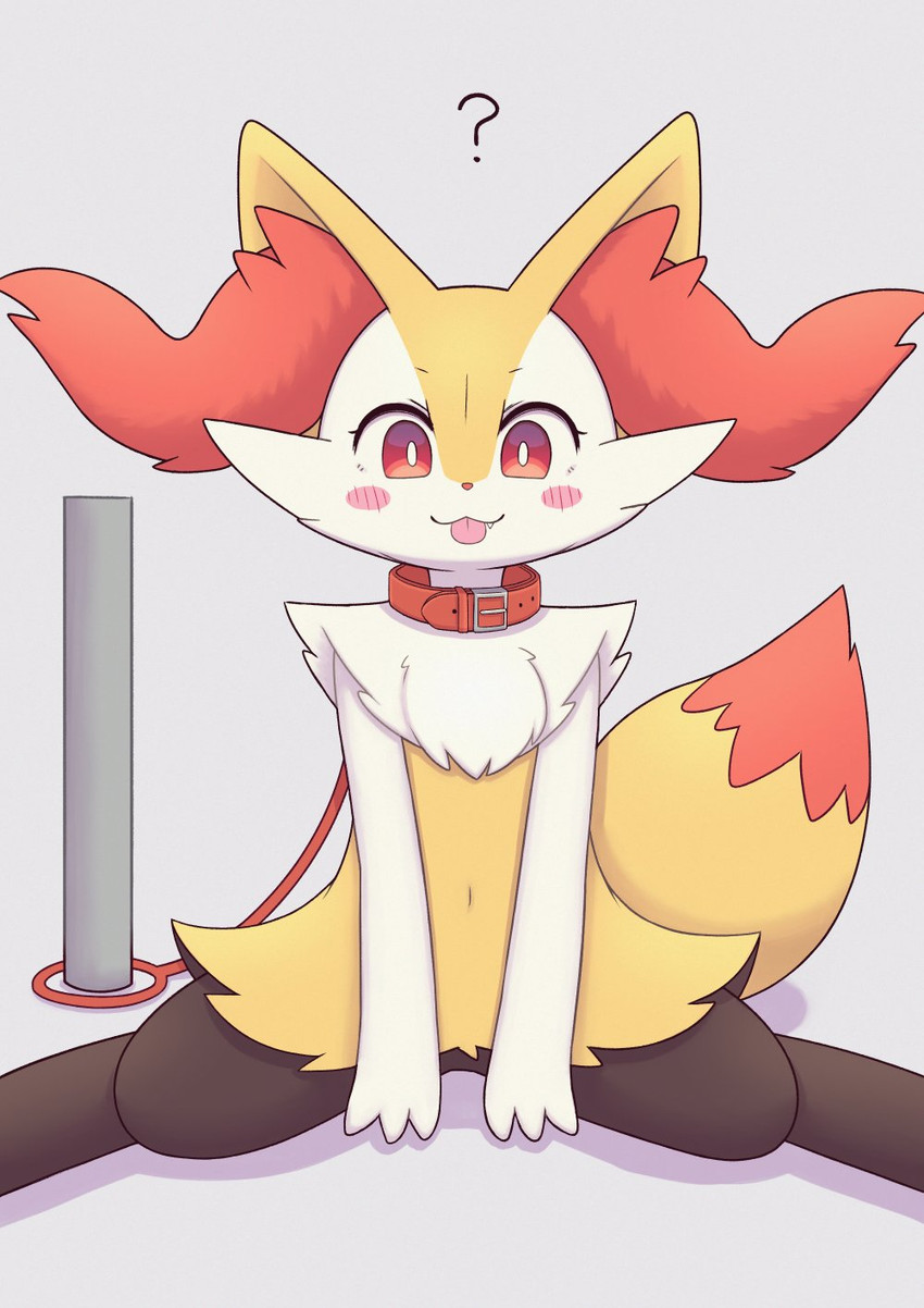 3_fingers :3 ambiguous_gender anthro arm_tuft black_body black_fur blush blush_lines blush_stickers cheek_tuft chest_tuft collar cute_fangs dipstick_tail eyelashes facial_tuft fangs fingers fur inner_ear_fluff leash looking_at_viewer markings orange_body orange_eyes orange_fur orange_nose pole question_mark shoulder_tuft simple_background sitting solo tail tail_markings teeth tongue tongue_out tuft wariza white_body white_fur yellow_body moduckten nintendo pokemon braixen canid canine generation_6_pokemon mammal pokemon_(species) 2024 hi_res
