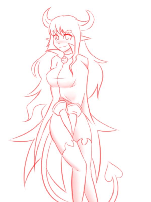 blush breasts clothed clothing female fully_clothed horn humanoid_pointy_ears looking_at_viewer not_furry pointy_ears simple_background smile solo spade_tail standing tail white_background thundragon disgaea nippon_ichi_software demon humanoid 3:4 hi_res line_art sketch