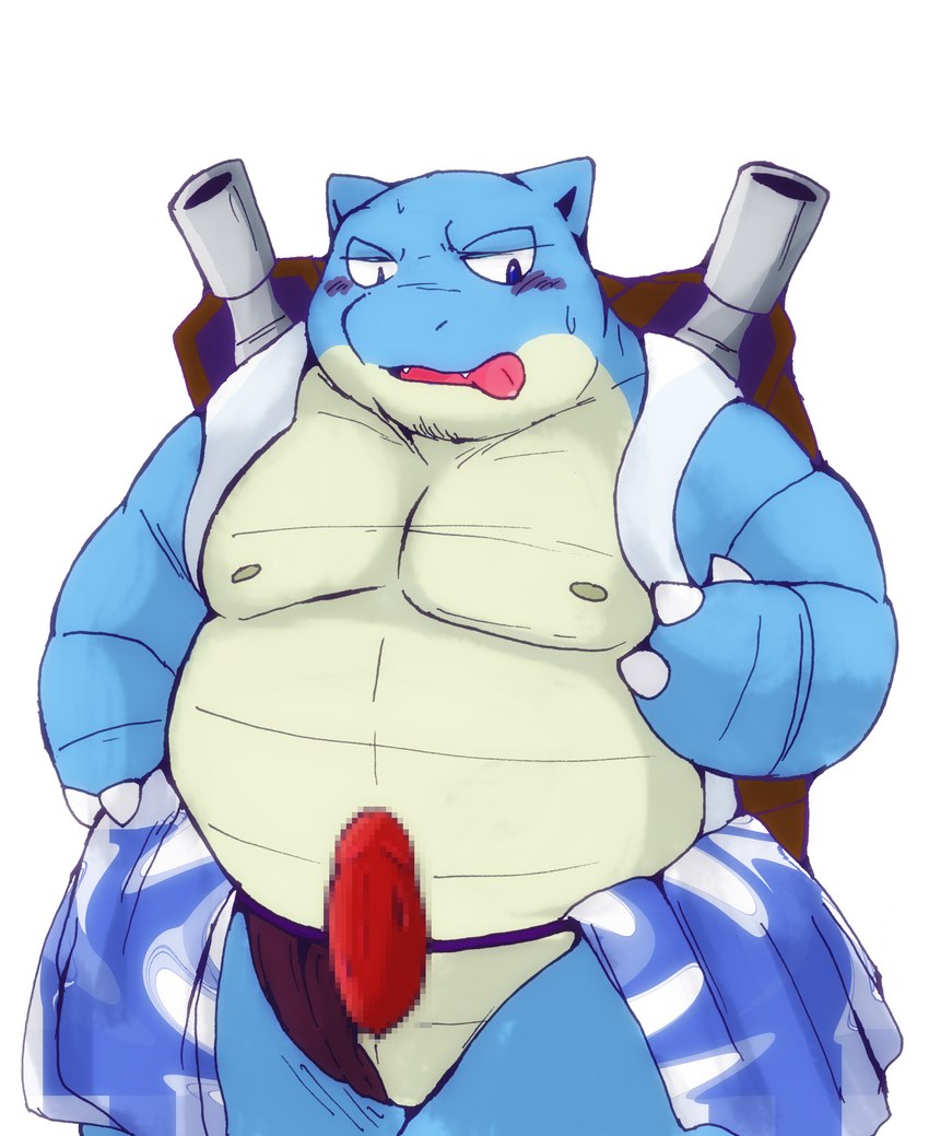 anthro asian_clothing belly big_belly blue_body blush clothing clothing_aside east_asian_clothing erection fundoshi fundoshi_aside genitals japanese_clothing kemono male moobs nipples overweight overweight_male penis simple_background solo tongue tongue_out underwear underwear_aside snow_utamaru nintendo pokemon blastoise generation_1_pokemon pokemon_(species) 2022 censored hi_res