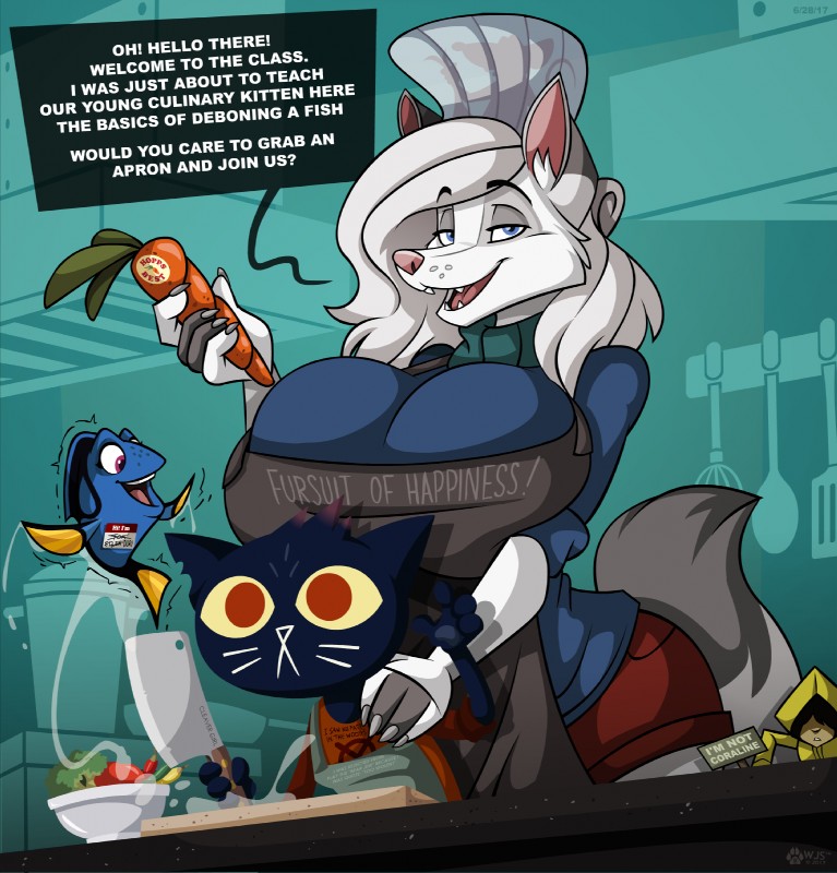 anthro big_breasts breasts female feral food greeting group huge_breasts male teeth text wolfjedisamuel disney finding_nemo little_nightmares night_in_the_woods pixar ratatouille dory_(finding_nemo) mae_borowski remy_(ratatouille) six_(little_nightmares) acanthurid canid canine canis domestic_cat felid feline felis fish humanoid mammal marine murid murine rat regal_tang rodent wolf english_text hi_res