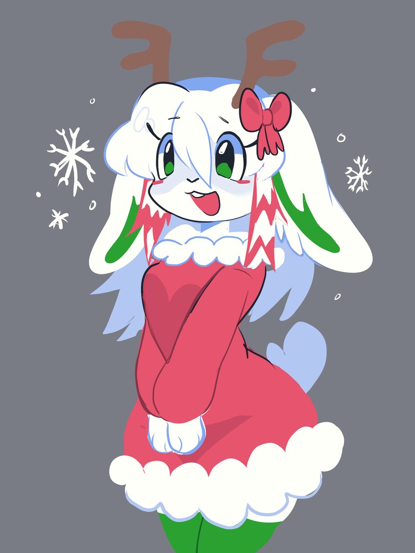 accessory anthro antlers bow_ribbon christmas_clothing clothing dress female fur green_clothing green_eyes green_legwear green_thigh_highs hair hair_accessory highlights_(coloring) holidays horn kemono legwear long_hair paws red_clothing red_dress red_highlights short_tail simple_background snowflake solo tail thigh_highs white_body white_fur white_hair chompyboo christmas domestic_rabbit jackalope lagomorph leporid lop_rabbit mammal oryctolagus rabbit hi_res