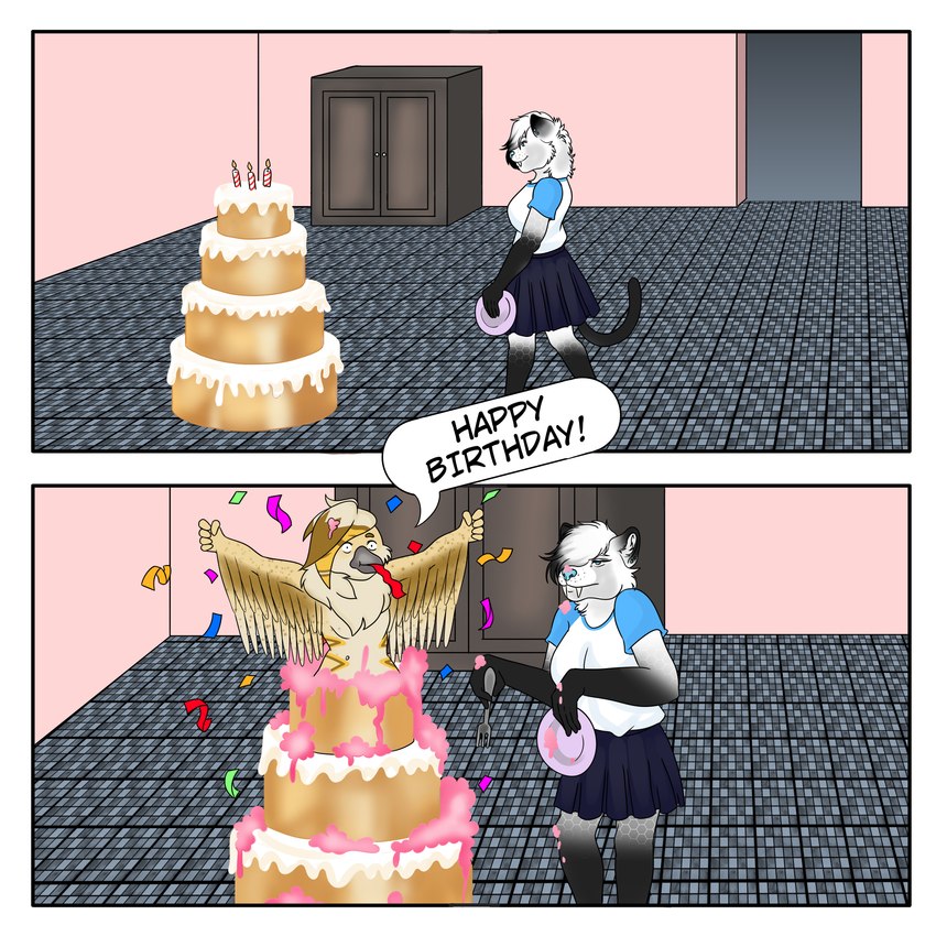 annoyed anthro beak birthday_cake blue_eyes blue_nose bottomwear breasts bursting_out cake candle chest_tuft clothing complex_body_markings complex_markings confetti cutlery dessert dialogue duo fangs feathered_tail feathered_wings feathers female floor fluffy fluffy_chest food fork fur gradient_body grey_body grey_fur hair kitchen_utensils machine male male/female markings messy patterned_fur plate robotic_tail sabertooth_(anatomy) skirt smile solo spots spotted_markings surprise tail teeth teeth_showing text thick_thighs tile tile_floor tools tuft walking white_hair wings manguito_(artist) rionach_(character) rye_owl_(character) android avian bird felid feline mammal owl robot 1:1 absurd_res comic english_text hi_res