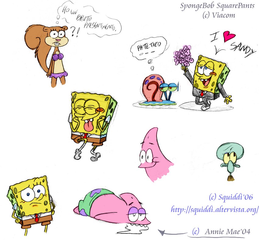 anthro bikini bikini_bottom bikini_top bottomwear clothed clothing dialogue female flowers_in_hand male necktie on_model shorts solo speech_bubble sponge suit swimwear text two-piece_swimsuit annie-mae stepanda nickelodeon spongebob_squarepants gary_the_snail patrick_star sandy_cheeks spongebob_squarepants_(character) squidward_tentacles asterozoan cephalopod coleoid echinoderm gastropod mammal marine mollusk octopodiform octopus rodent sciurid sea_sponge snail starfish tree_squirrel 2004 2006 italian_text sketch sketch_page translation_request