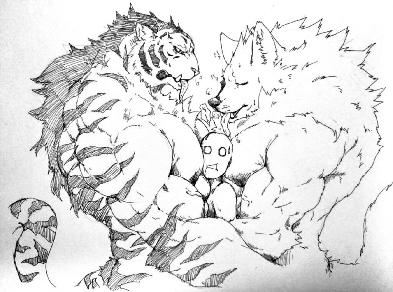 abs anthro big_muscles bodily_fluids chest_tuft eyes_closed fangs fur group head_on_chest hug huge_muscles human_on_anthro interspecies larger_anthro licking male male/male male_anthro male_humanoid manwiched muscular nude open_mouth pecs saliva scared size_difference stripes teeth tongue tongue_out tuft captainjohkid mythology canid canine canis felid human humanoid mammal mythological_canine mythological_creature pantherine tiger werecanid werecanine werecreature werefelid werepantherine weretiger werewolf wolf black_and_white monochrome