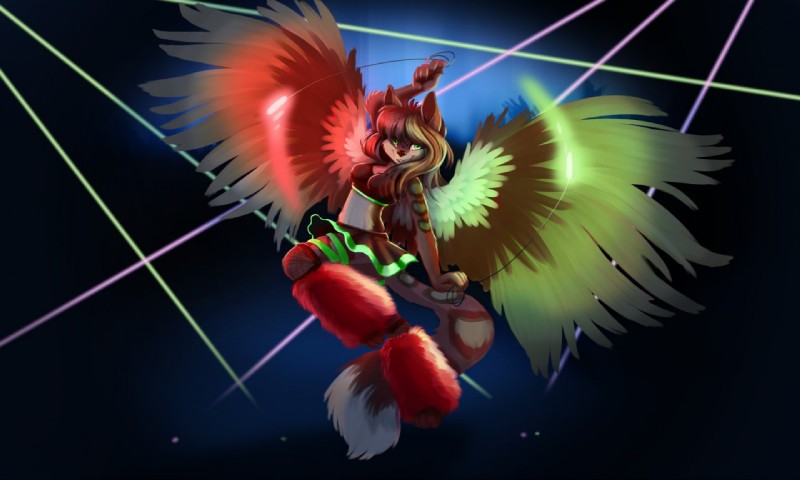 dancing feathered_wings feathers female fluffies glowstick glowsticking glowstringing rave red_fluffies solo wings pusspuss hybrid unknown_species 2015 5:3