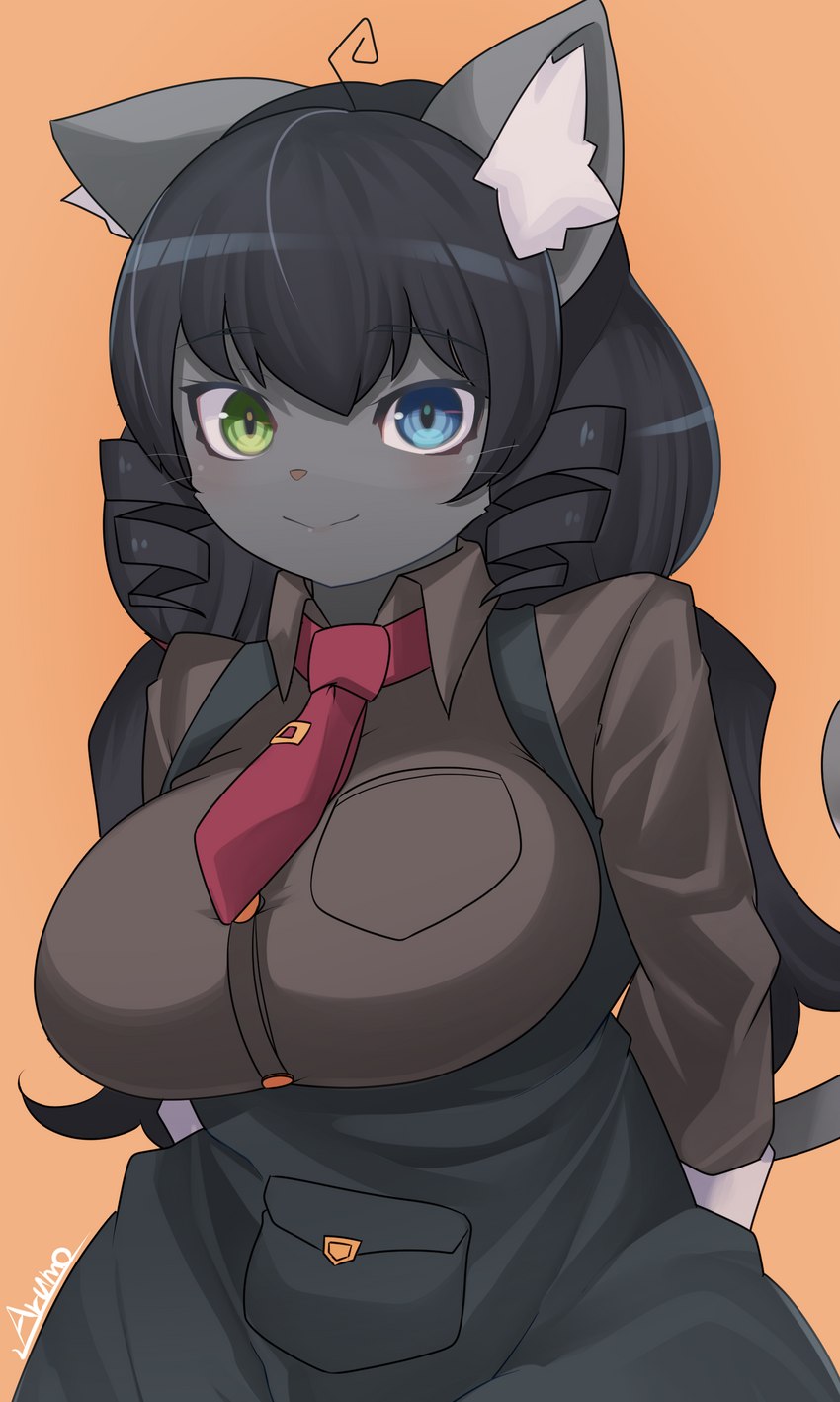 anthro big_breasts black_hair blue_eyes breasts female green_eyes grey_body hair heterochromia necktie orange_background simple_background smile solo whiskers arumo domestic_cat felid feline felis mammal 2021 3:5 absurd_res half-length_portrait hi_res portrait