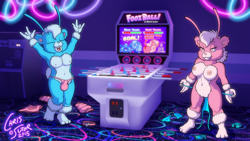 3_toes anthro arcade arcade_machine arms_above_head barefoot bedroom_eyes bikini bikini_bottom blue_body blue_fur breasts bulge carpet casual_nudity cheerleader_outfit clothed clothing duo exposed_breasts feet female fur gaming genitals male male/female narrowed_eyes neon_lights nipples nude pink_body pink_fur plantigrade public public_nudity pussy raised_arm seductive strip_game striptease swimwear toes topless two-piece_swimsuit undressing victory_dance victory_pose chris_sutor pleasure_the_foozle twinkle_the_foozle bear foozle mammal 16:9 2015 widescreen