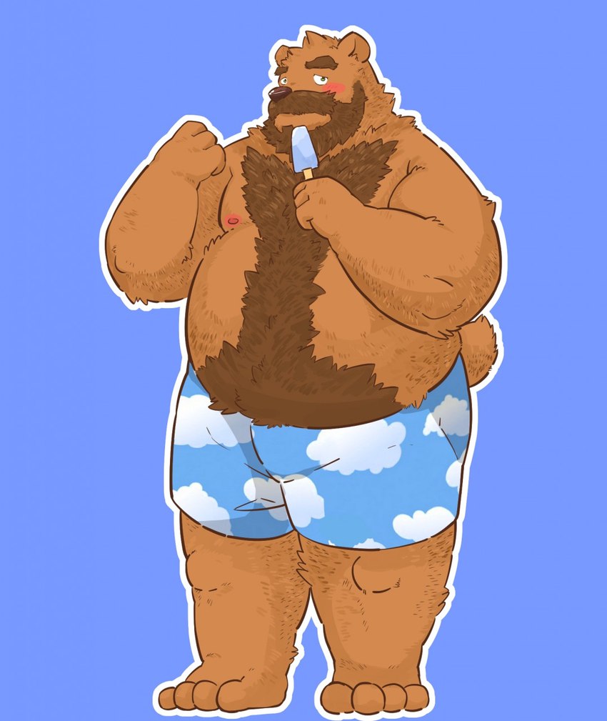 anthro blue_background blush brown_body brown_fur brown_nose clothing food fur kemono male moobs nipples overweight overweight_anthro overweight_male popsicle sea_salt_ice_cream simple_background solo underwear andikapatok bear mammal 2015 hi_res