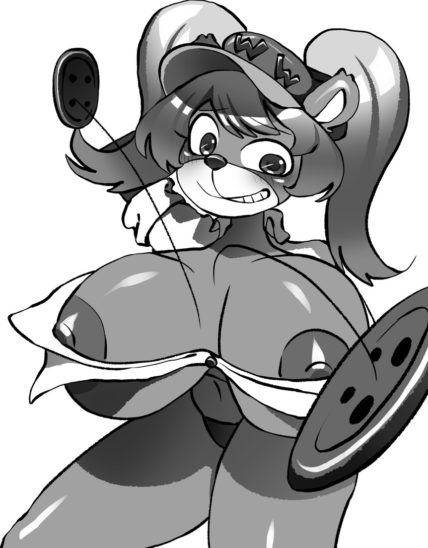 anthro blush breasts cloth female hyper smile solo devilturtle banjo-kazooie nintendo rareware tooty bear mammal hi_res monochrome