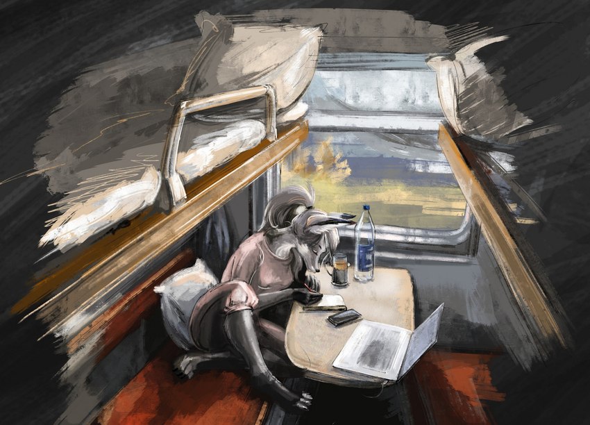 4_toes 5_fingers anthro bed breasts bunk_bed clothed clothing detailed_background feet female fingers fow fur furniture grey_body grey_fur high-angle_view inside public_transportation rail_transit solo toes train_interior vehicle elkir canid canine fox mammal 2022 digital_media_(artwork) digital_painting_(artwork) shaded soft_shading