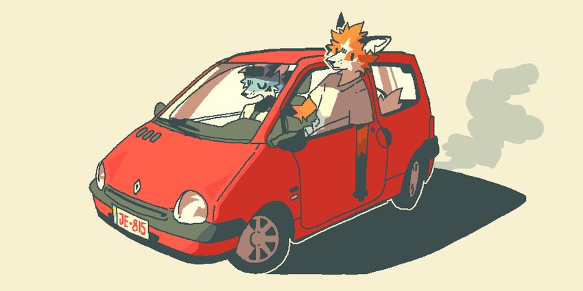 ambiguous_gender anthro blue_body blue_fur car driving duo fur orange_body orange_fur vehicle white_body white_fur serpent_x renault renault_twingo canid canine fox mammal 2024 2:1 hi_res