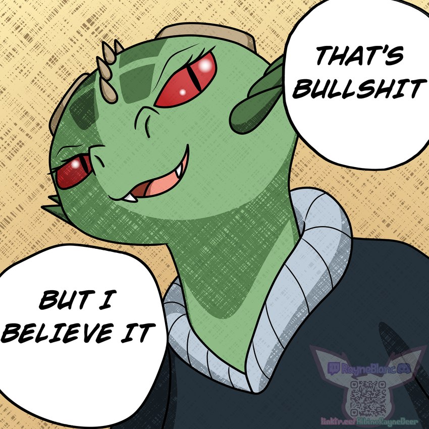 clothing dialogue eyelashes female jojo_quote profanity red_eyes red_sclera smile solo speech_bubble text albinoraynedeer jojo's_bizarre_adventure microsoft the_elder_scrolls meer-mah argonian scalie 1:1 absurd_res bust_portrait english_text hi_res portrait reaction_image