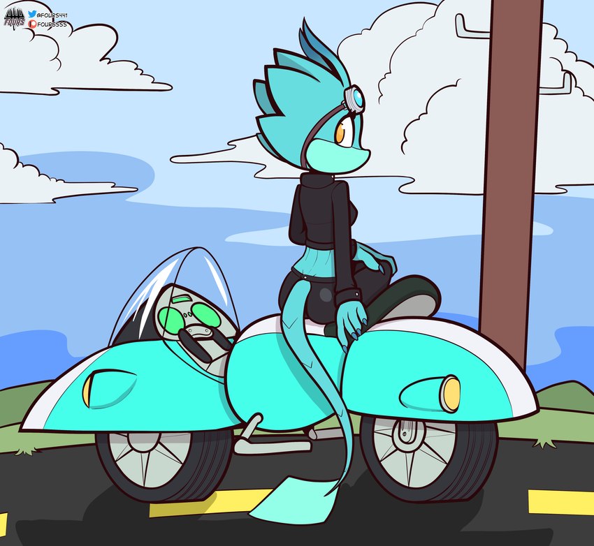 anthro clothing eyewear female goggles green_body jacket looking_at_viewer looking_back motorcycle mouthless orange_eyes road solo topwear vehicle fourssss sega sonic_the_hedgehog_(series) fan_character skitter_the_gecko gecko lizard reptile scalie hi_res