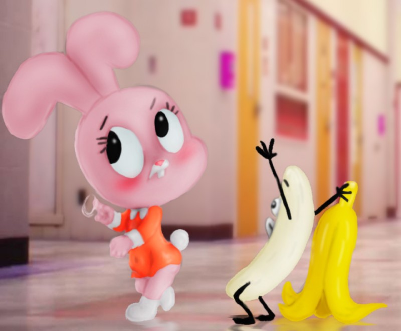 4_fingers anthro banana blush clothing dress duo female fingers flashing food fruit fur looking_away peel pink_body pink_fur plant young mousetache cartoon_network the_amazing_world_of_gumball anais_watterson banana_joe lagomorph leporid living_banana mammal rabbit sibling_(lore) sister_(lore)