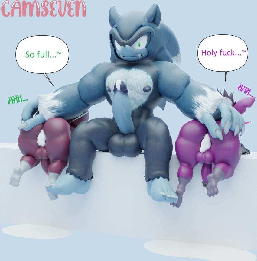 anthro balls bent_over big_balls big_butt big_penis blue_body blue_fur bodily_fluids butt claws cum cum_in_ass cum_inside cum_on_penis dialogue erection fangs femboy fur genital_fluids genitals group hand_on_butt male male/male nipples penis purple_body purple_fur rear_view red_body red_fur simple_background size_difference speech_bubble teapot_(body_type) teeth text trio wide_hips camseven sega sonic_the_hedgehog_(series) sonic_unleashed chip_(sonic) dark_gaia sonic_the_hedgehog sonic_the_werehog eulipotyphlan mammal unknown_species werecreature wereeulipotyphlan werehog 3d_(artwork) artist_name digital_media_(artwork) english_text hi_res