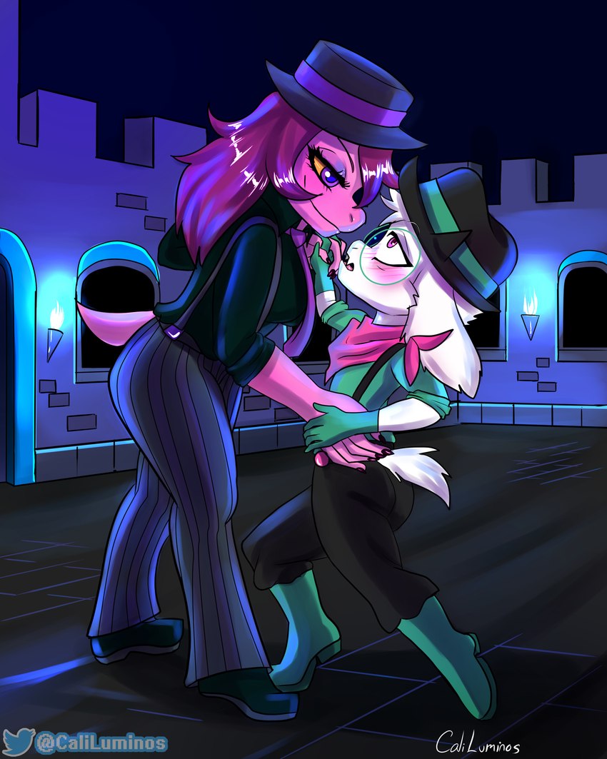 anthro clothing dancing duo female femboy gangster male male/female suit tango_(dance) text tomboy caliluminos deltarune undertale_(series) ralsei susie_(deltarune) bovid caprine goat mammal monster 4:5 absurd_res digital_drawing_(artwork) digital_media_(artwork) english_text hi_res shaded soft_shading