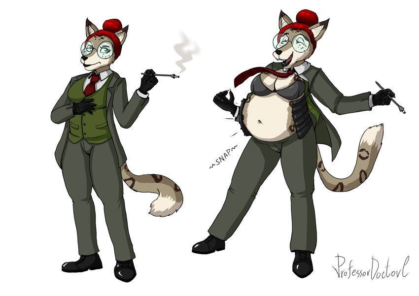 anthro before_and_after belly big_belly black_bra black_clothing black_underwear bloated bra cigarette_holder clothing corset dipstick_ears dipstick_tail ear_markings eyewear female glasses gloves green_clothing green_eyes hair hair_bun handwear lingerie markings multicolored_ears navel necktie red_clothing relieved smoking solo suit tail tail_markings three_piece_suit topwear underwear vest wardrobe_malfunction professordoctorc bridgette_o'shane canid canine canis domestic_dog felid feline hunting_dog lynx lynxuki mammal saluki sighthound 2021 absurd_res hi_res