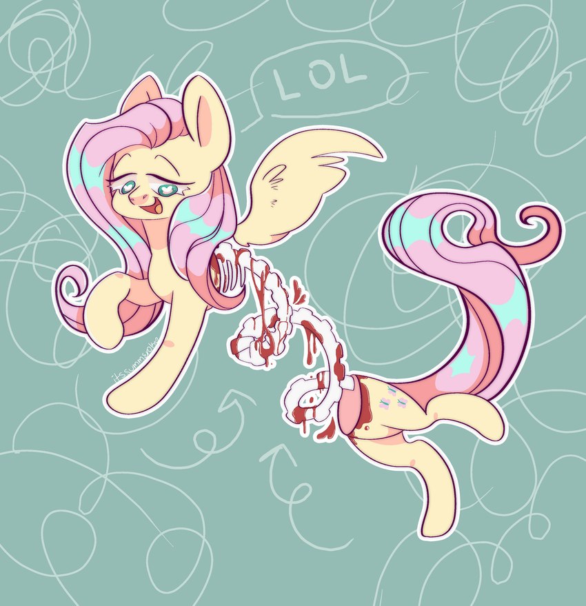 blood bodily_fluids bone candy_gore cutie_mark feathered_wings feathers female feral gore green_eyes hair long_tail looking_down painless_gore pink_hair pink_tail tail wings yellow_body yellow_feathers itssummerok friendship_is_magic hasbro my_little_pony mythology fluttershy_(mlp) equid equine mammal mythological_creature mythological_equine pegasus absurd_res hi_res signature