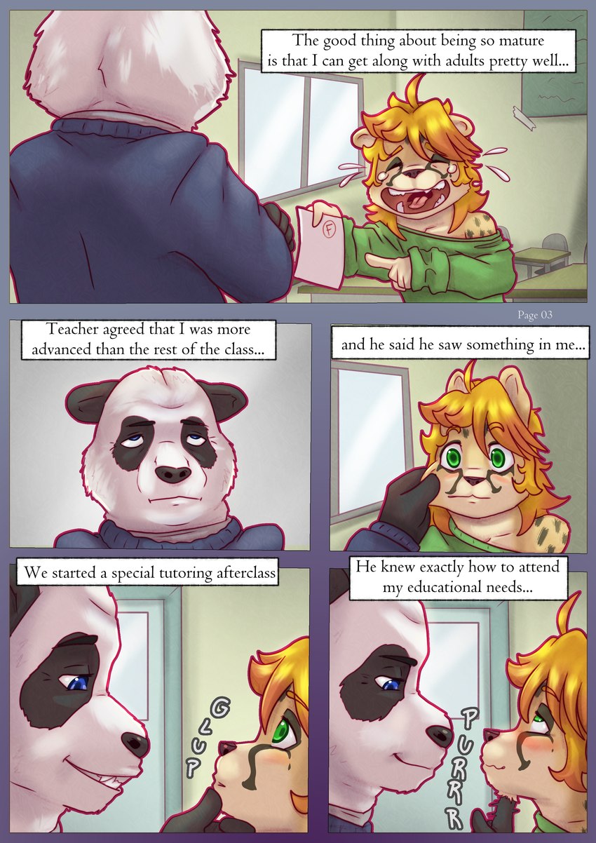 age_difference anthro bodily_fluids classroom crying duo eye_contact female grabbing_cheek looking_at_another male purring school size_difference student teacher teacher_and_student tears text young liryal savanna_(liryal) bear cheetah felid feline giant_panda mammal absurd_res comic english_text hi_res