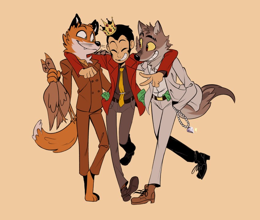 anthro arm_around_shoulders clothing crown group headgear male trio painfully-unoriginal dreamworks fantastic_mr._fox lupin_iii the_bad_guys arsene_lupin_iii mr._fox_(fantastic_mr._fox) mr._wolf_(the_bad_guys) canid canine canis fox human mammal red_fox true_fox wolf absurd_res hi_res