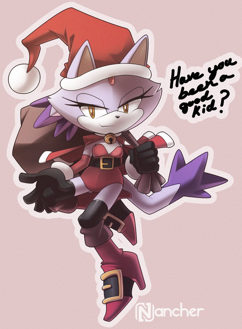 anthro bag bell bell_collar belt boots christmas_clothing christmas_headwear clothing collar costume female footwear fur gloves handwear hat headgear headwear high_heeled_boots high_heels holidays legwear looking_at_viewer purple_body purple_fur santa_costume santa_hat shoes smile solo thigh_highs nancher christmas sega sonic_the_hedgehog_(series) blaze_the_cat domestic_cat felid feline felis mammal 2022 hi_res