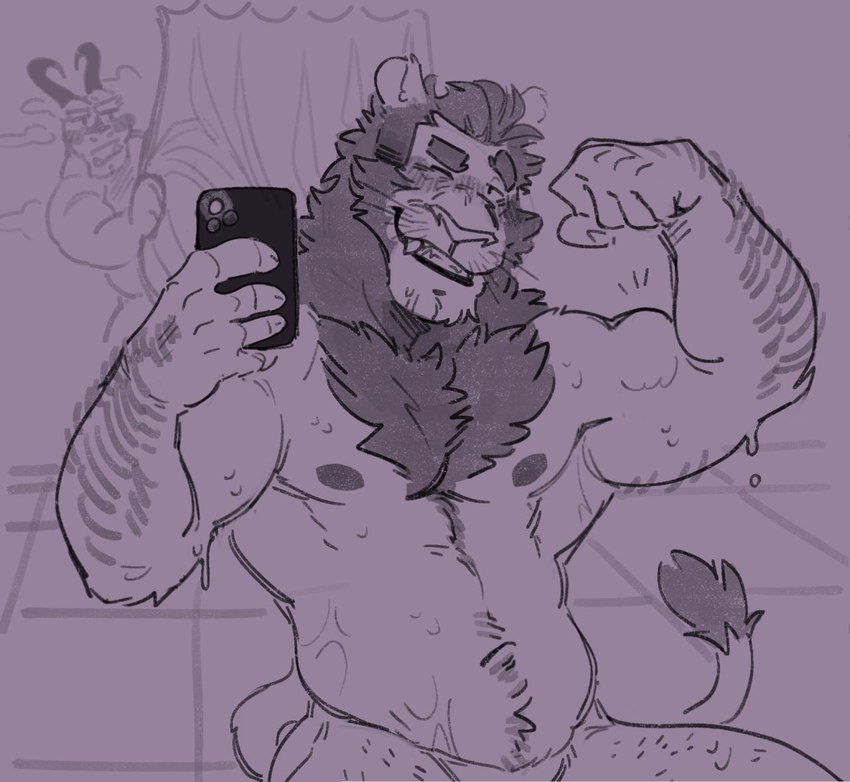 2_horns anthro arm_hair biceps blush body_hair bottomless bottomless_anthro bottomless_male cellphone chest_hair claws clothed clothing curtains dot_eyes duo electronics finger_claws flexing flexing_bicep fur hair happy_trail holding_object holding_phone horn leg_hair looking_at_another looking_at_viewer male muscular muscular_anthro muscular_male nipples one_eye_closed open_mouth pecs phone photo selfie simple_eyes smile steam tail teeth topless topless_anthro topless_male tuft wet wet_body whiskers wink xeoniios mythology orion_(xeoniios) ryzz_(xeoniios) dragon felid lion mammal mythological_creature mythological_scalie pantherine scalie 2023 cropped monochrome sketch