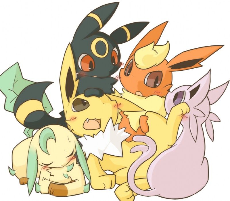 ambiguous_gender blush feral group leaf leaf_tail simple_background tail white_background shin_(artist) nintendo pokemon eeveelution espeon flareon generation_1_pokemon generation_2_pokemon generation_4_pokemon jolteon leafeon pokemon_(species) umbreon