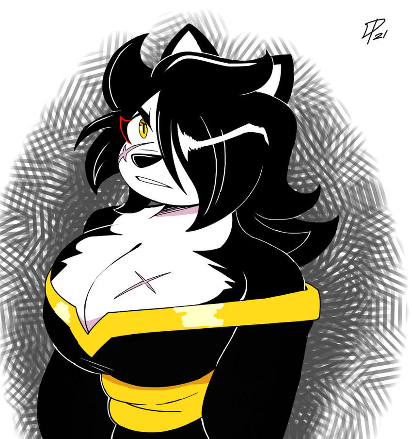 asian_clothing bare_shoulders big_breasts black_body black_fur breasts cleavage clothed clothing eyeliner female fur hair hair_over_eye long_hair makeup one_eye_obstructed solo dpronin hachimitsu canid canine canis domestic_dog mammal