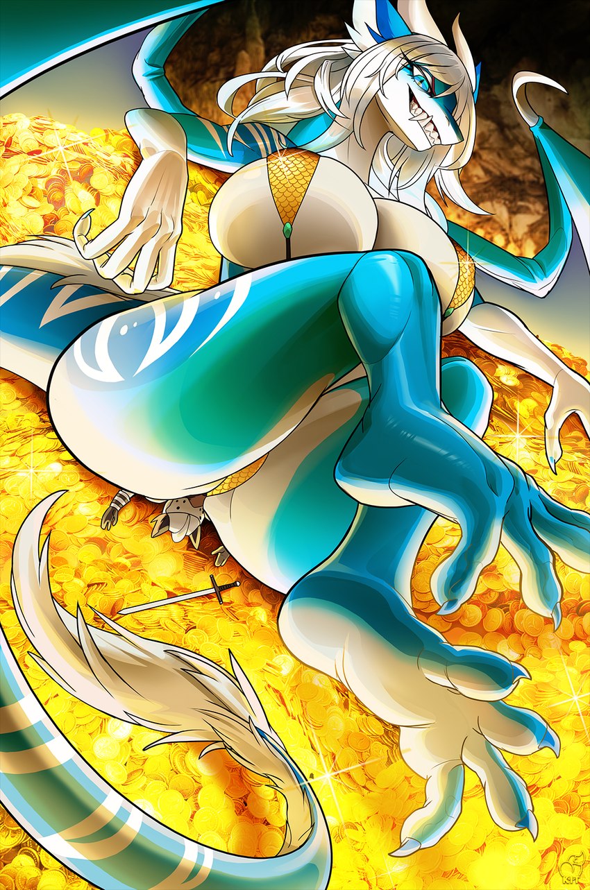 anthro big_breasts bikini biped blue_body blue_eyes breasts brown_body brown_fur clothing duo facesitting fangs female fur larger_female macro melee_weapon membrane_(anatomy) membranous_wings pupils sitting_on_another size_difference slit_pupils solo_focus swimwear sword teeth thick_thighs two-piece_swimsuit weapon wings kittellox_(artist) mythology dragon mythological_creature mythological_scalie scalie 2024 hi_res