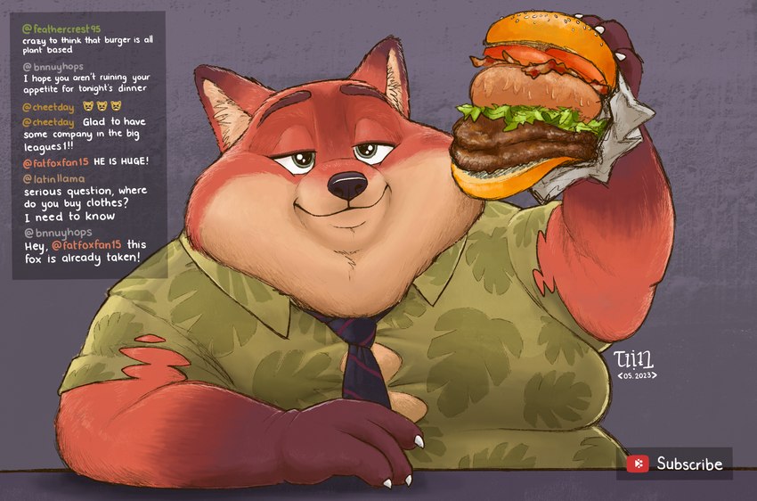 aloha_shirt anthro big_cheeks burger camera chat chubby_cheeks clothing double_chin eating fat_arms food glistening glistening_eyes livestream male necktie obese obese_anthro obese_male overweight overweight_anthro overweight_male pattern_clothing pattern_shirt pattern_topwear shirt smile solo text tight_clothing topwear wardrobe_malfunction webcam weight_gain dragontzin disney zootopia nick_wilde canid canine fox mammal red_fox true_fox 2023 digital_media_(artwork) english_text hi_res signature