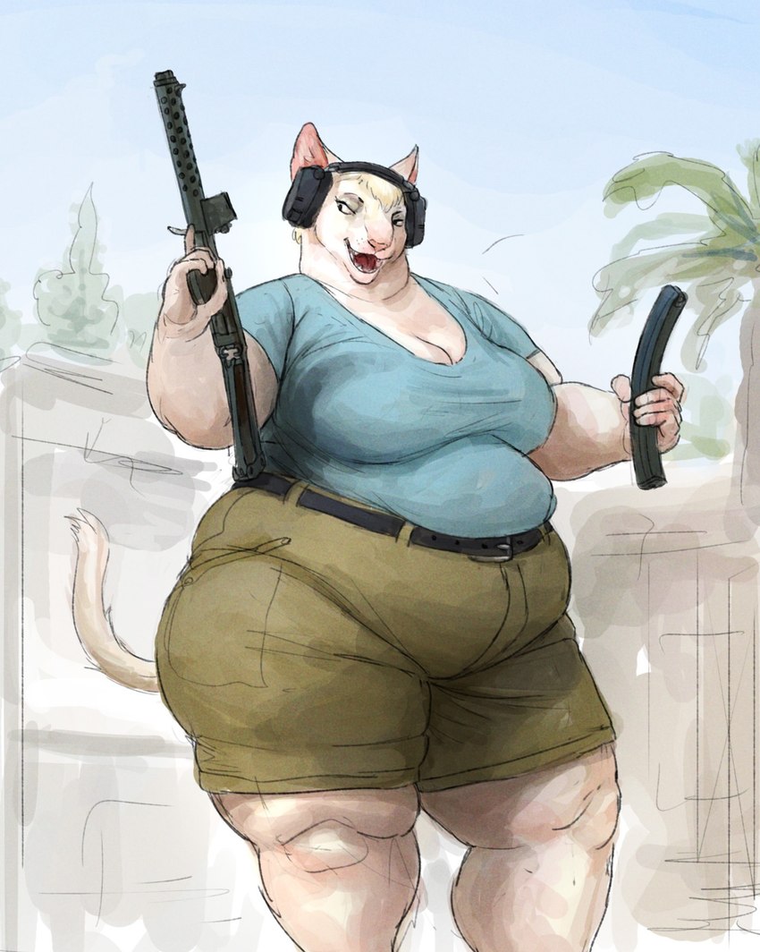 anthro belt bottomwear breasts cleavage clothed clothing electronics female gun headphones high_waisted_bottomwear magazine_(gun) open_mouth outside overweight overweight_anthro overweight_female pants plant ranged_weapon shirt shorts solo standing sten_gun submachine_gun topwear tree weapon cettus sigfrid_brandvold domestic_cat felid feline felis mammal 2021 hi_res