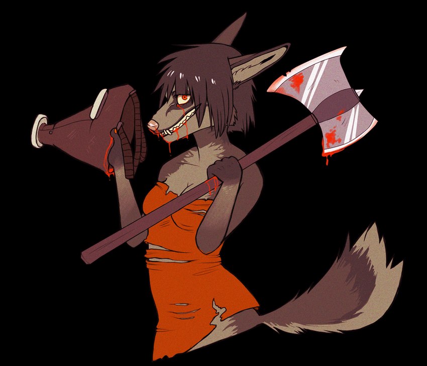 anthro axe blood blood_on_face blood_on_weapon bodily_fluids breasts brown_body brown_fur brown_hair cleavage clothed clothing female fur hair holding_object holding_weapon looking_at_viewer mask red_eyes simple_background smile solo teeth torn_clothing weapon kaitycuddle 2011 alpha_channel digital_media_(artwork)