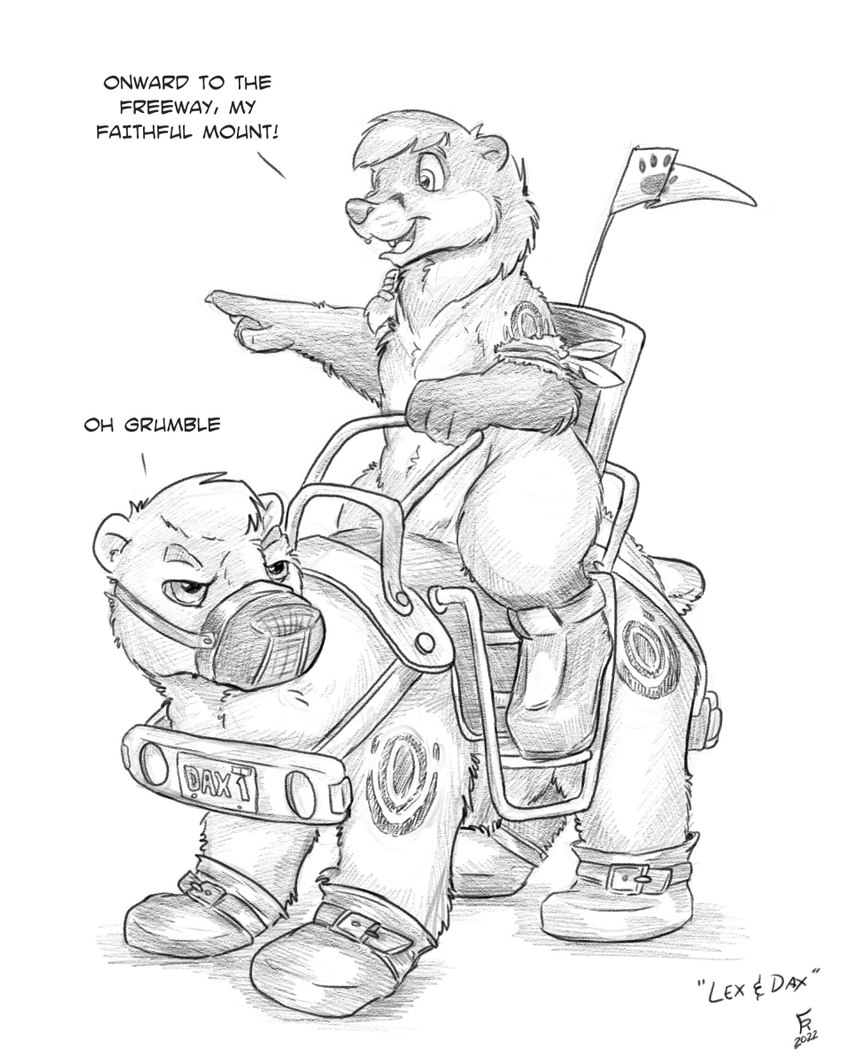 ambiguous_gender anthro clothing dialogue duo feral footwear footwear_only fur hair mostly_nude mount muzzle_(object) rider riding saddle shoes shoes_only text flinters dax_(dax1) otterplop bear mammal mustelid otter 4:5 english_text greyscale hi_res monochrome