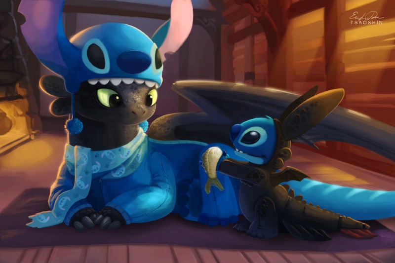 stitch and toothless (how to train your dragon and etc) created by tsaoshin