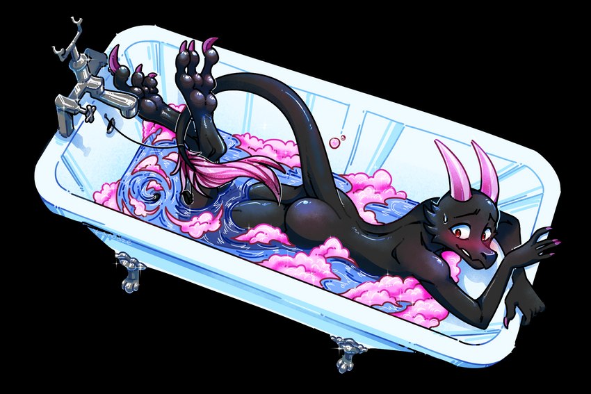 anthro bathing bathtub bird's-eye_view black_body black_scales blush bubble bubble_bath butt chain claw_foot_bathtub claws drain drain_plug feet female flush_vore high-angle_view horn looking_at_viewer lying on_front plug scales solo surprised_expression tail water whirlpool bigmoon206 charmyte kobold 3:2 alpha_channel hi_res