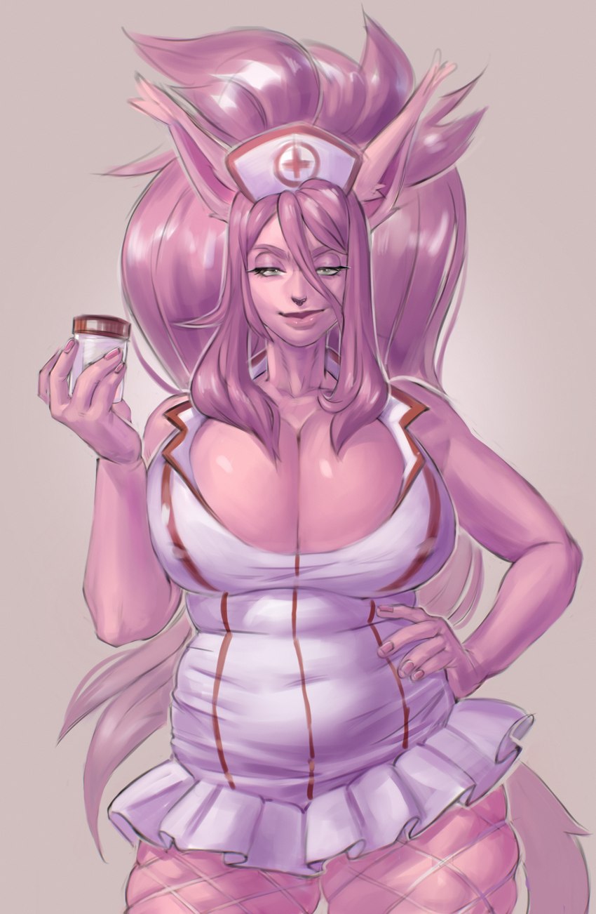 anthro big_breasts bottomwear breasts cleavage clothed clothing colored_nails costume female fishnet_clothing fishnet_legwear fur grey_eyes hair humanoid_face legwear lips long_hair looking_at_viewer mature_female nails navel nipple_outline nurse_clothing nurse_uniform pink_body pink_fur pink_hair pink_lips pink_nails simple_background skirt smile solo tight_clothing uniform wide_hips didihell hollandworks esh domestic_cat felid feline felis mammal 2023 hi_res