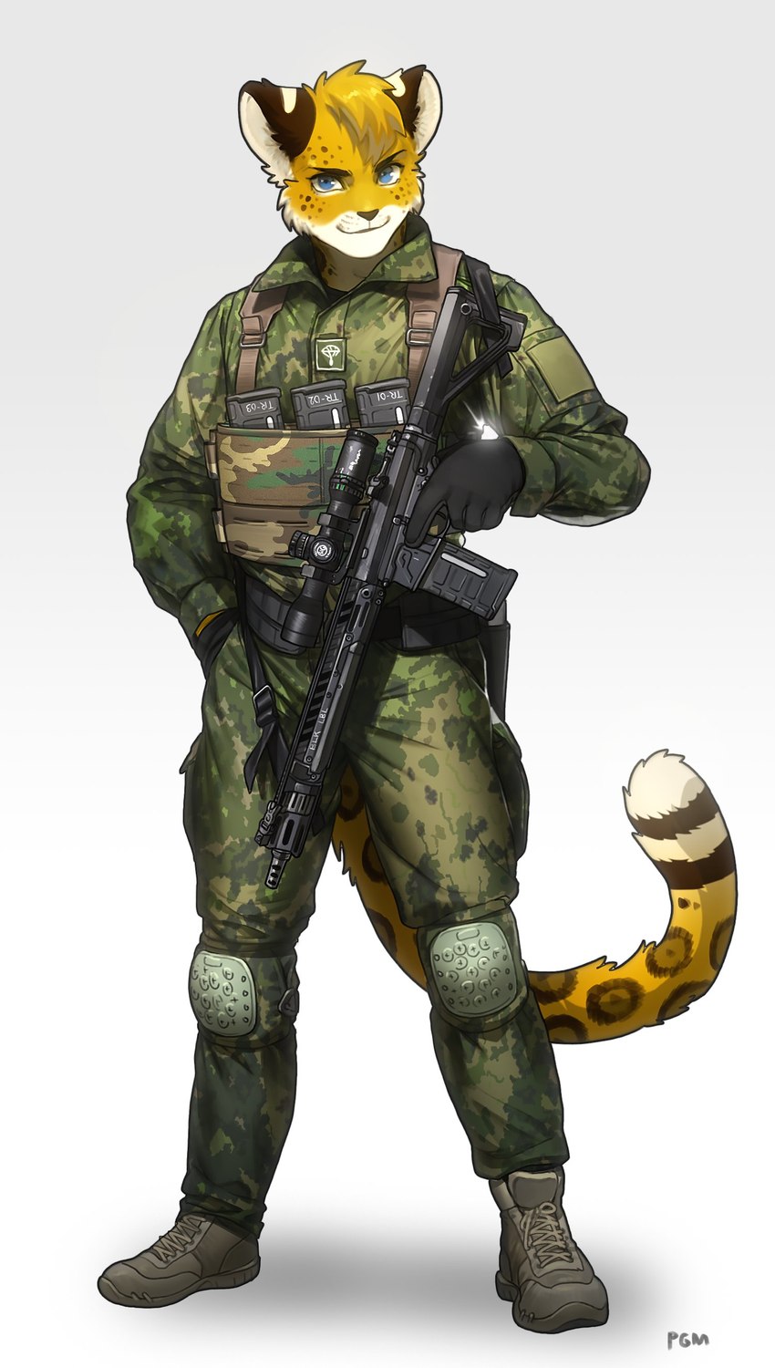 anthro ar-15 ar_platform blue_eyes bottomwear clothed clothing footwear fully_clothed fur gun male military military_uniform pants ranged_weapon shoes simple_background smile solo uniform weapon white_background pgm300 cheetah felid feline mammal 2022 absurd_res digital_media_(artwork) hi_res shaded