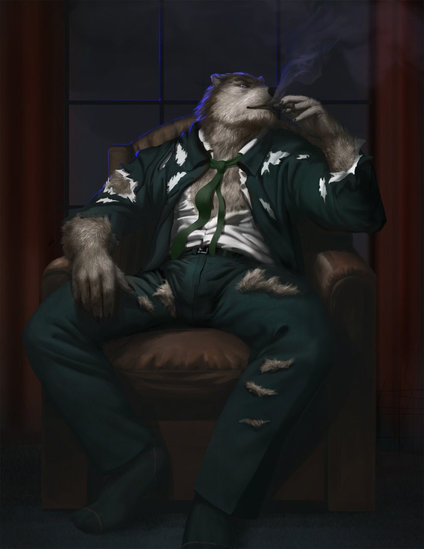 anthro chair cigar clothing furniture looking_at_viewer male manly muscular muscular_anthro muscular_male necktie smoking solo suit torn_clothing loculi canid canine canis mammal wolf hi_res