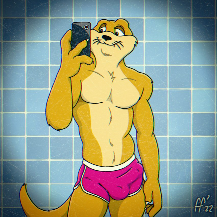 4_fingers anthro bath brown_body brown_eyes brown_fur bulge cellphone clothed clothing detailed_bulge electronics fingers front_view fur genital_outline half-closed_eyes male narrowed_eyes navel penis_outline phone selfie shirtless shower shower_room sideways-pointing_bulge smile solo standing swimwear taking_picture tan_body tan_fur tile tile_wall topless topless_anthro topless_male wall_(structure) fabfelipe animalympics dean_wilson mammal mustelid otter 1:1 2022 hi_res portrait signature three-quarter_portrait