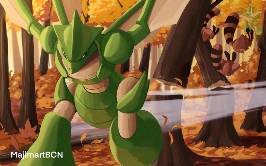 ambiguous_gender anthro autumn brown_body brown_fur cutting detailed_background feral forest fur green_body group leaf plant tree majimartbcn nintendo pokemon generation_1_pokemon generation_2_pokemon pokemon_(species) scyther sentret 16:10 colored hi_res shaded widescreen