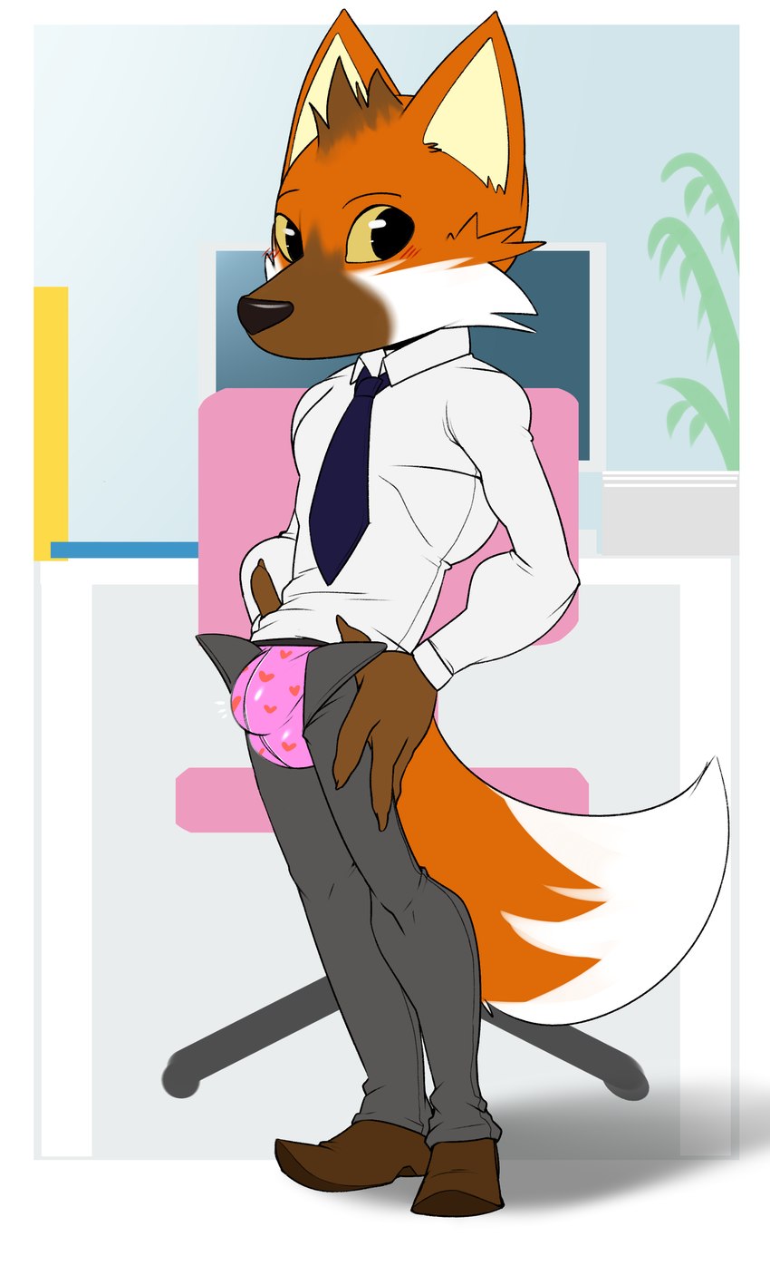 anthro balls_outline bottomwear bulge clothed clothing detailed_bulge genital_outline male necktie open_bottomwear open_clothing open_pants pants sheath_outline shirt solo topwear underwear tsukielewds aggretsuko sanrio ookami_(aggretsuko) canid canine mammal maned_wolf 3:5 absurd_res hi_res