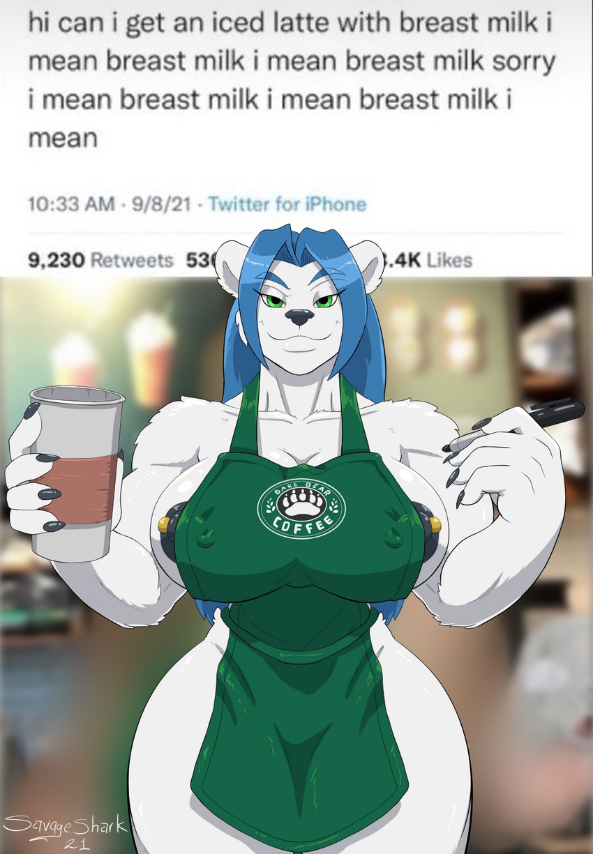 anthro areola big_breasts black_areola black_nipples blue_hair breasts claws clothed clothing container count cup detailed_background dialogue dialogue_box female fur green_eyes hair holding_container holding_cup holding_object holding_pen huge_breasts left-handed lips long_hair muscular muscular_female nipple_piercing nipples number partially_clothed pen piercing repeated_text simple_background smile solo standing text time timestamp white_body white_fur savageshark i_mean_breast_milk meme_clothing ms._cotton bear mammal polar_bear ursine 2021 english_text hi_res meme