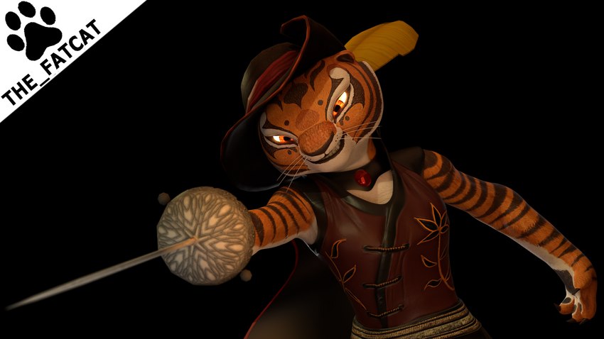 anthro cape clothed clothing countershading female fur hat headgear headwear melee_weapon rapier smile solo sword weapon the_fatcat dreamworks kung_fu_panda master_tigress felid feline mammal pantherine tiger 16:9 3d_(artwork) alpha_channel blender_(artwork) digital_media_(artwork) hi_res widescreen