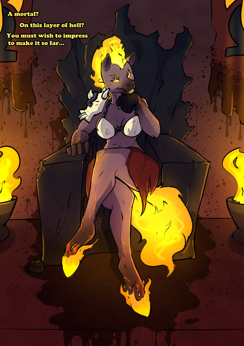 anthro breasts chair clothed clothing dialogue female fire flaming_hair flaming_hooves flaming_mane flaming_tail fur furniture glowing glowing_eyes glowing_mouth hair hell hooves looking_at_viewer pseudo_hair pseudo_mane sitting smile solo tail talking_to_viewer text throne biobasher demon equid equine horse mammal 2019 english_text hi_res