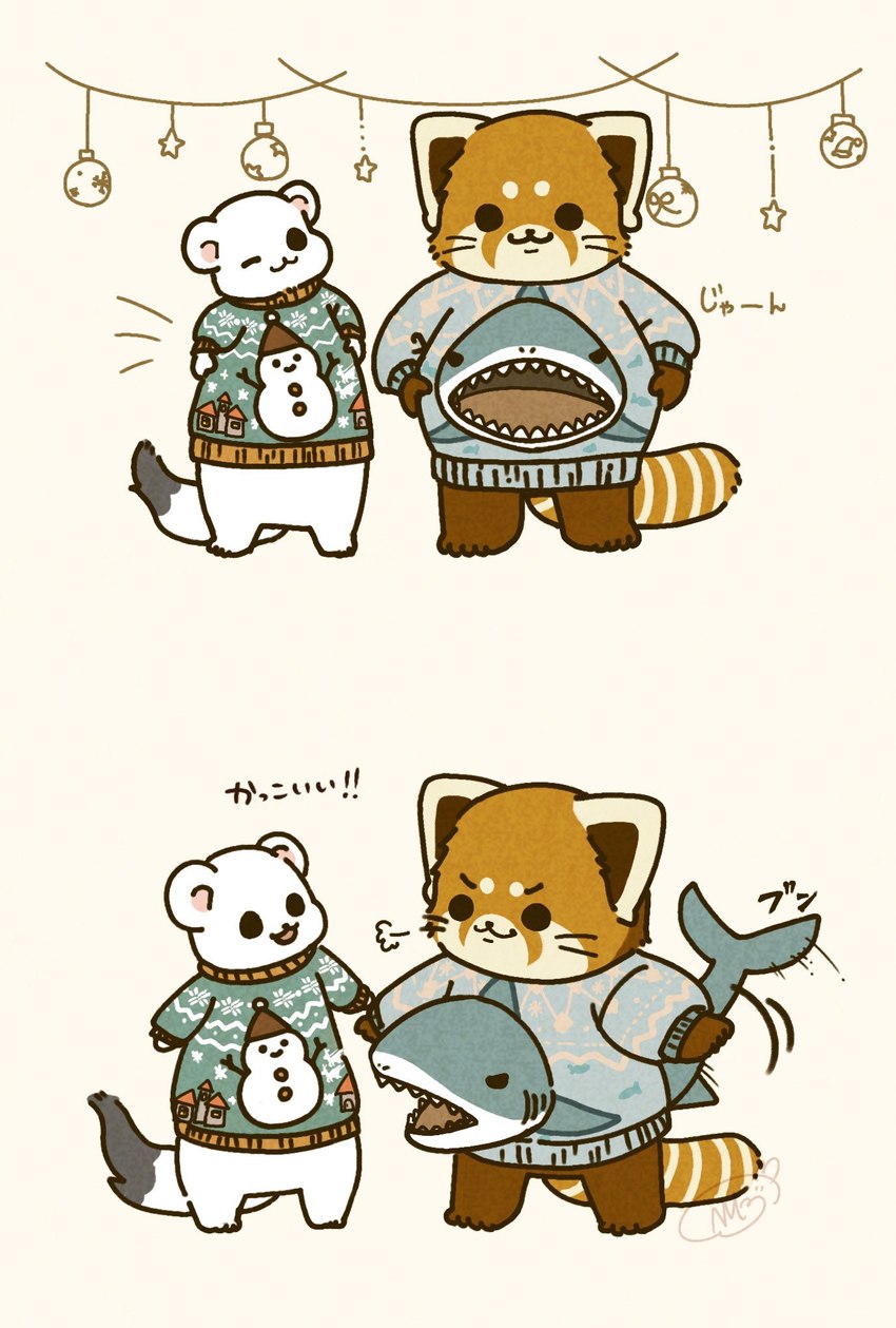 biped brown_body chibi clothing dot_eyes duo feral kemono open_mouth snowman sweater text topwear white_body shi_nominmin ailurid fish mammal marine mustelid musteline red_panda shark stoat true_musteline weasel 2024 hi_res japanese_text