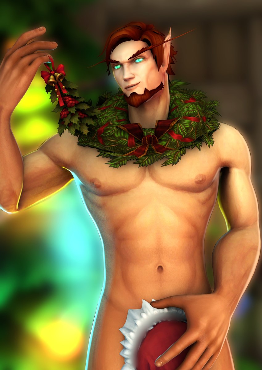 christmas_clothing christmas_headwear clothing covering covering_crotch hat headgear headwear holidays humanoid_pointy_ears looking_at_viewer male nipples not_furry nude pointy_ears santa_hat simple_background smile solo wreath_around_neck lich_crypt blizzard_entertainment christmas warcraft barovar_sunwhisper_(character) blood_elf elf half_elf humanoid 3d_(artwork) absurd_res digital_media_(artwork) hi_res