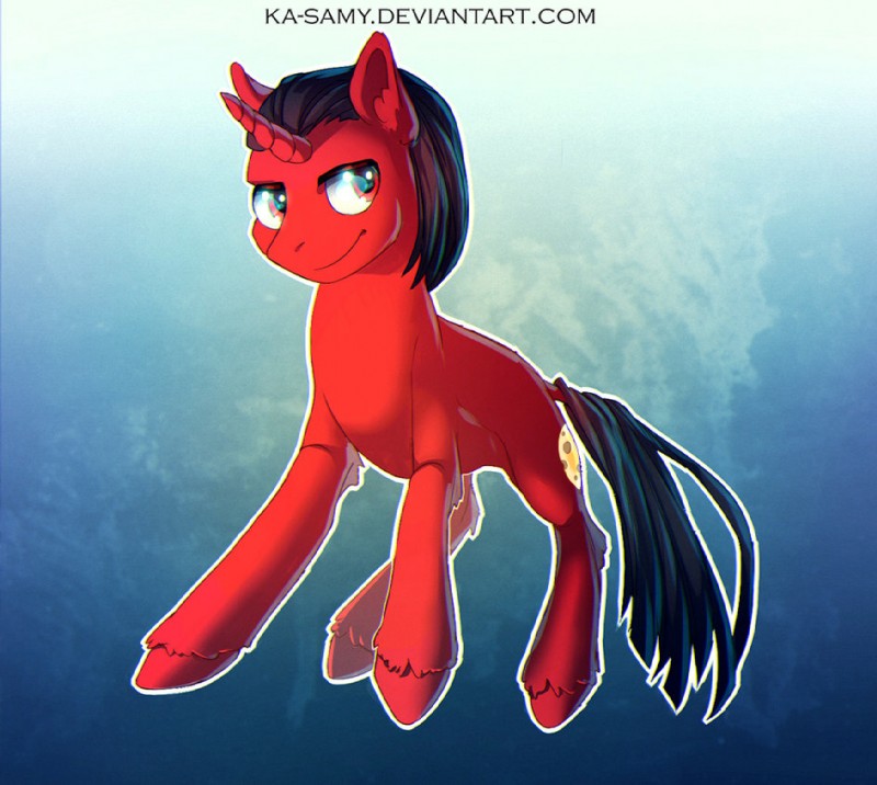 black_hair cutie_mark feral fur hair hooves horn male nude red_body red_eyes red_fur red_hooves smile solo text ka-samy hasbro my_little_pony mythology fan_character equid equine mammal mythological_creature mythological_equine unicorn url