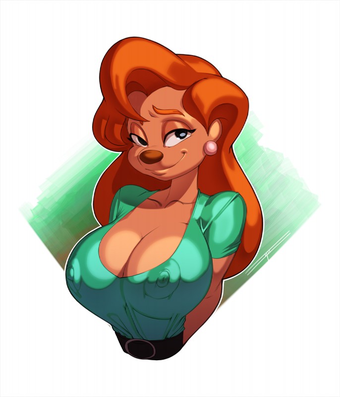 anthro big_breasts breasts cleavage clothed clothing ear_piercing female glistening_eyelids green_clothing green_shirt green_topwear hair half-closed_eyes long_hair looking_at_viewer narrowed_eyes nipple_outline orange_hair piercing shirt simple_background smile solo topwear white_background white-devil disney goof_troop roxanne_rover canid canine canis domestic_dog mammal 2018 digital_media_(artwork) hi_res